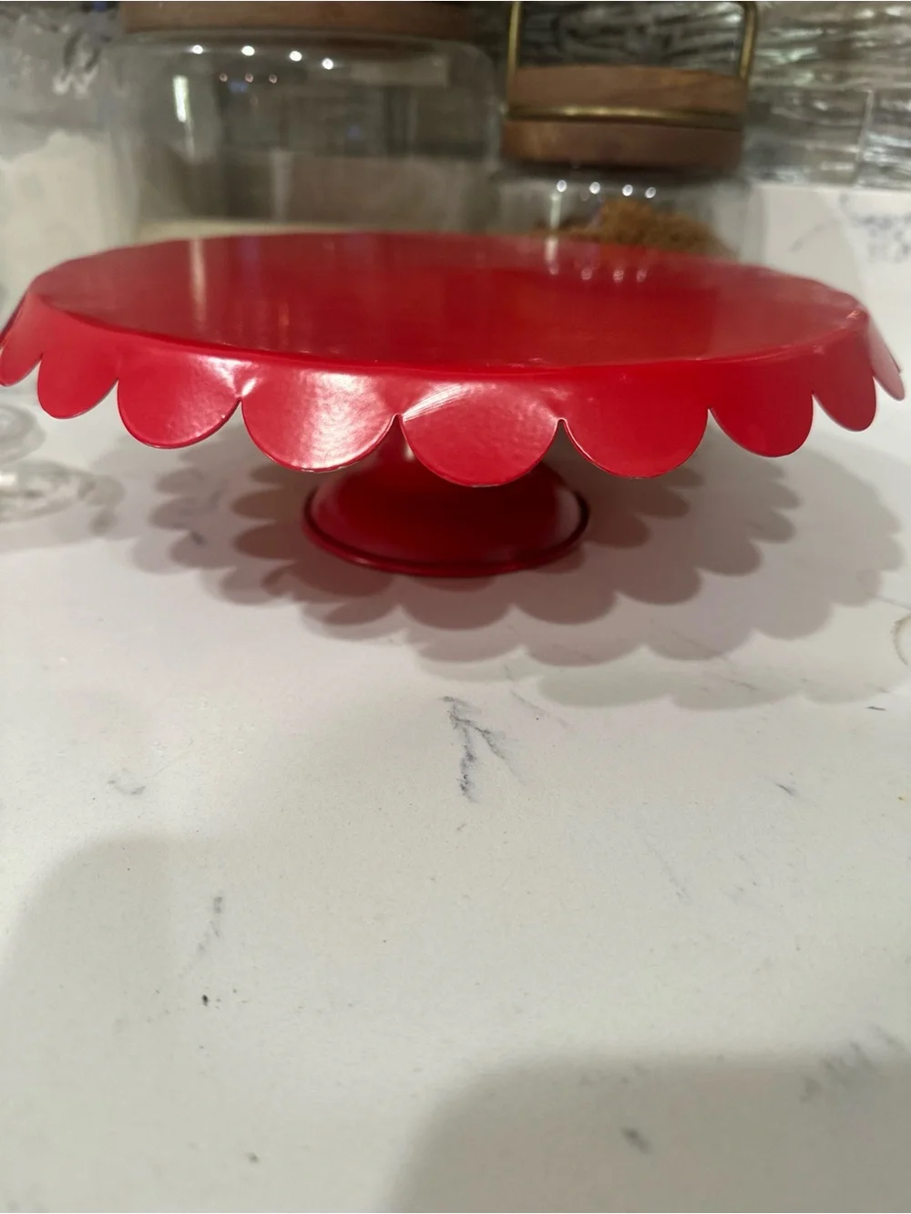 Red Scalloped Metal Pedestal Cake Stand- 10in